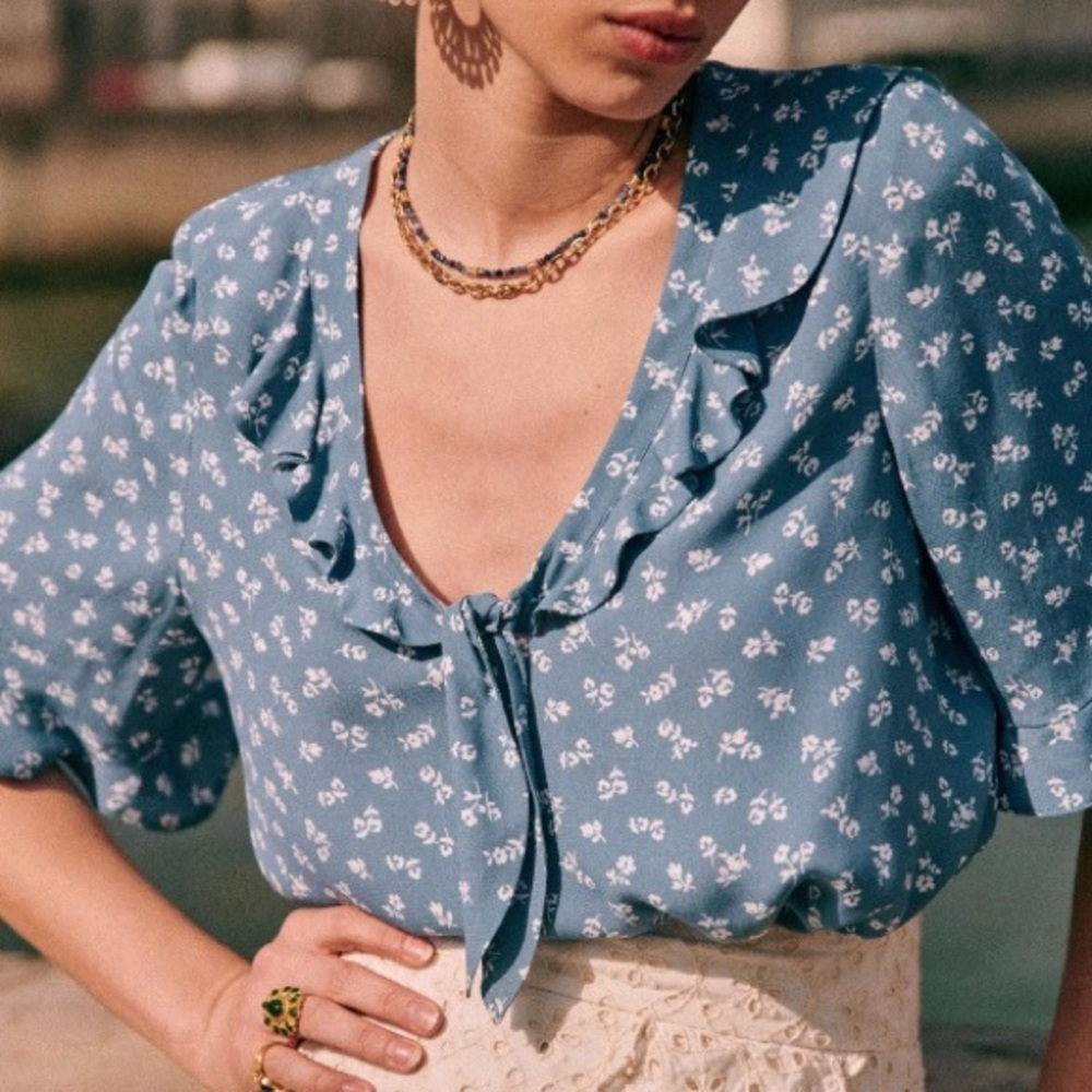 Sézane Pomme Blouse Mini Flowers Blue, Size S